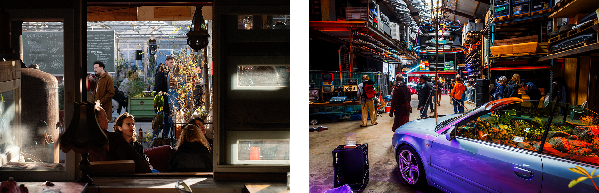 Collage of two photos. In the left one, people are sitting in a cafe-like setting during a bright day. On the right: a car filled with flowers as an art object while people are moving around it.